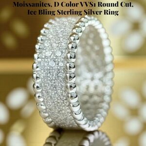 Moissanite, D Color, VVS1, Round Cut, Ice Bling Sterling Silver Ring